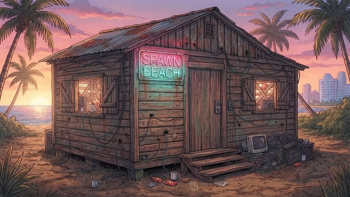 The studio's shack at sunset, a neon Spawn Beach sign on its wall and cables running out across the sand